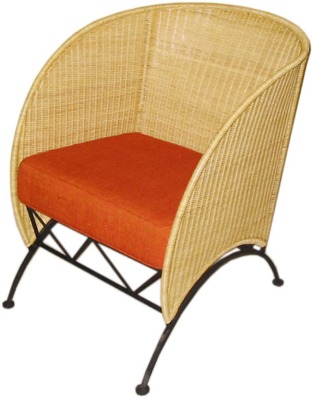 Rattan chair with metal legs, designed for hotel rooms